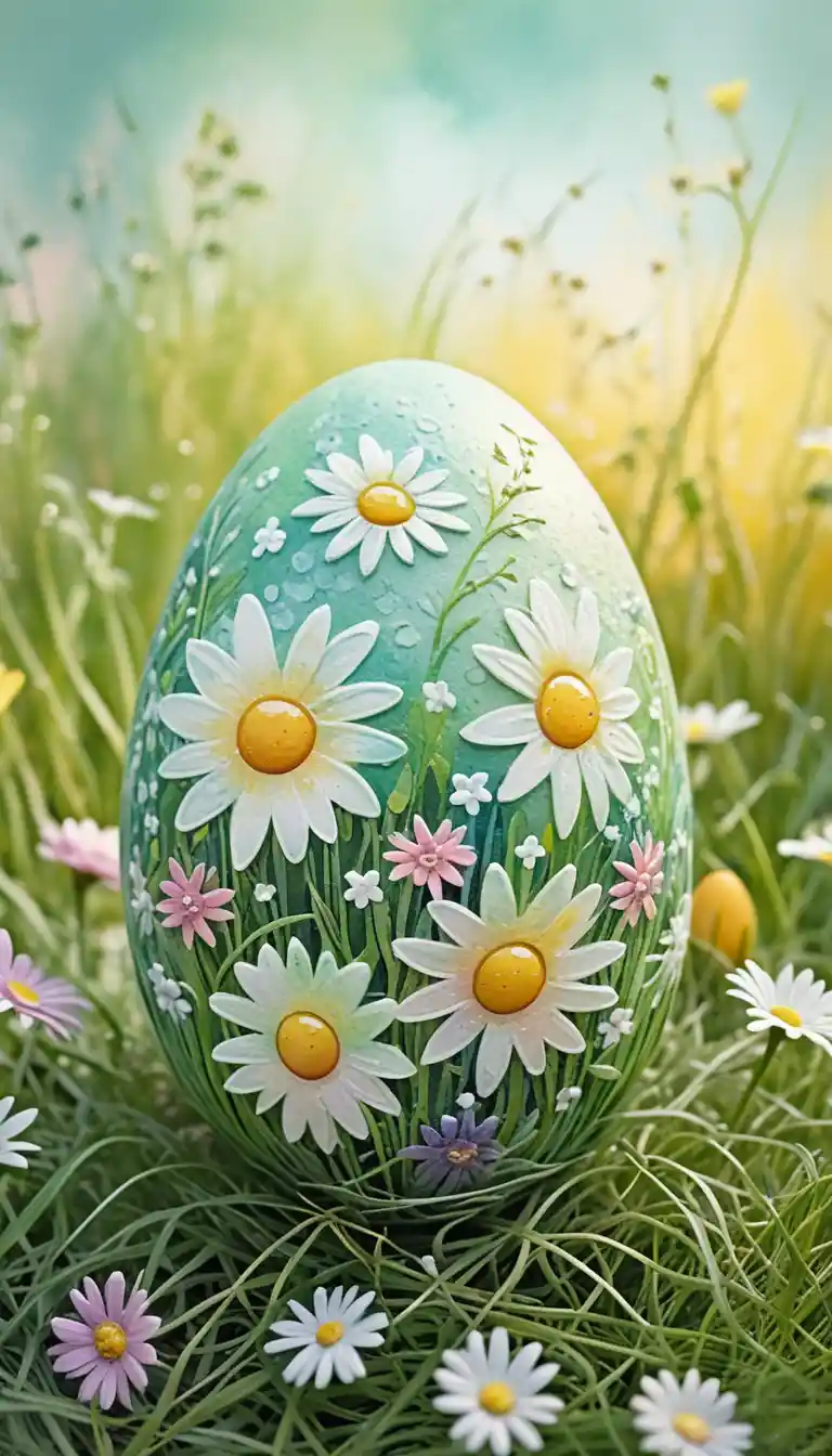 Huevo de Pascua turquesa decorado en la brillante hierba primaveral