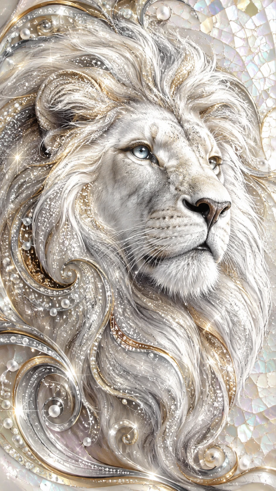 Rostro de león blanco de fantasía en ilustración metálica con aerógrafo