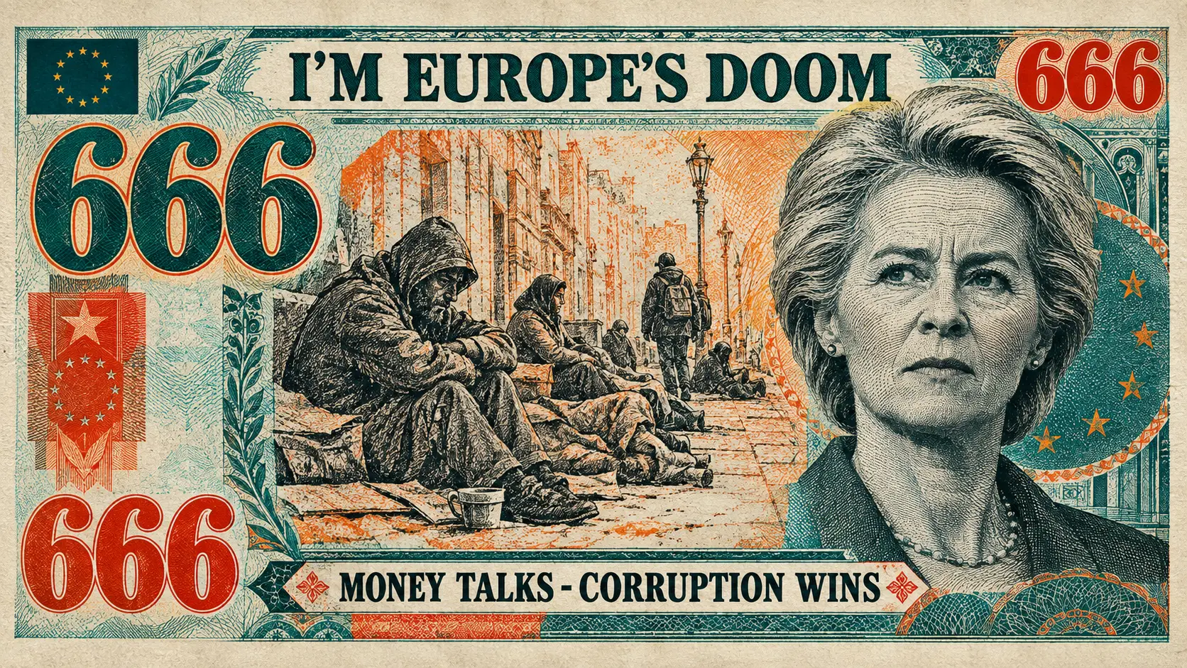 Billete estilo euro 666 con retrato e ilustración de personas sin hogar