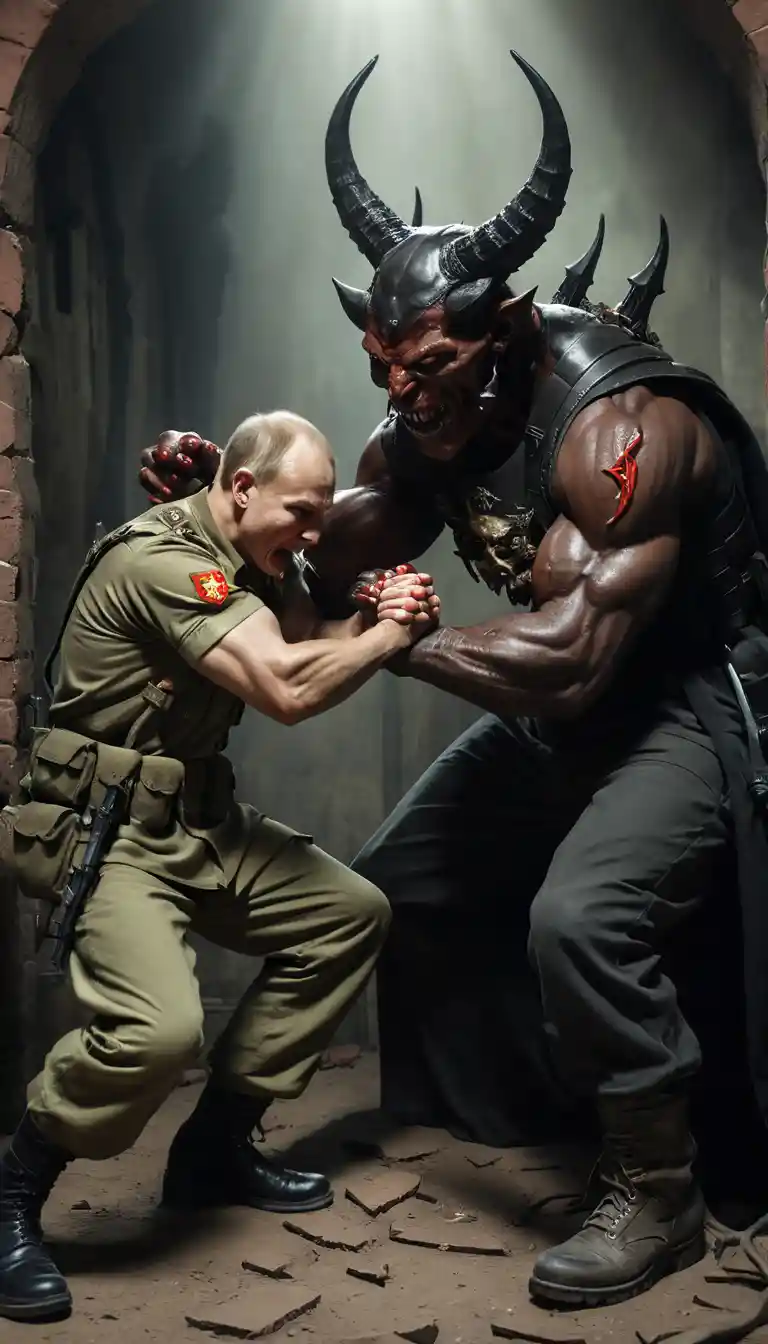 Soldado ruso haciendo pulseada con el diablo en marcado contraste