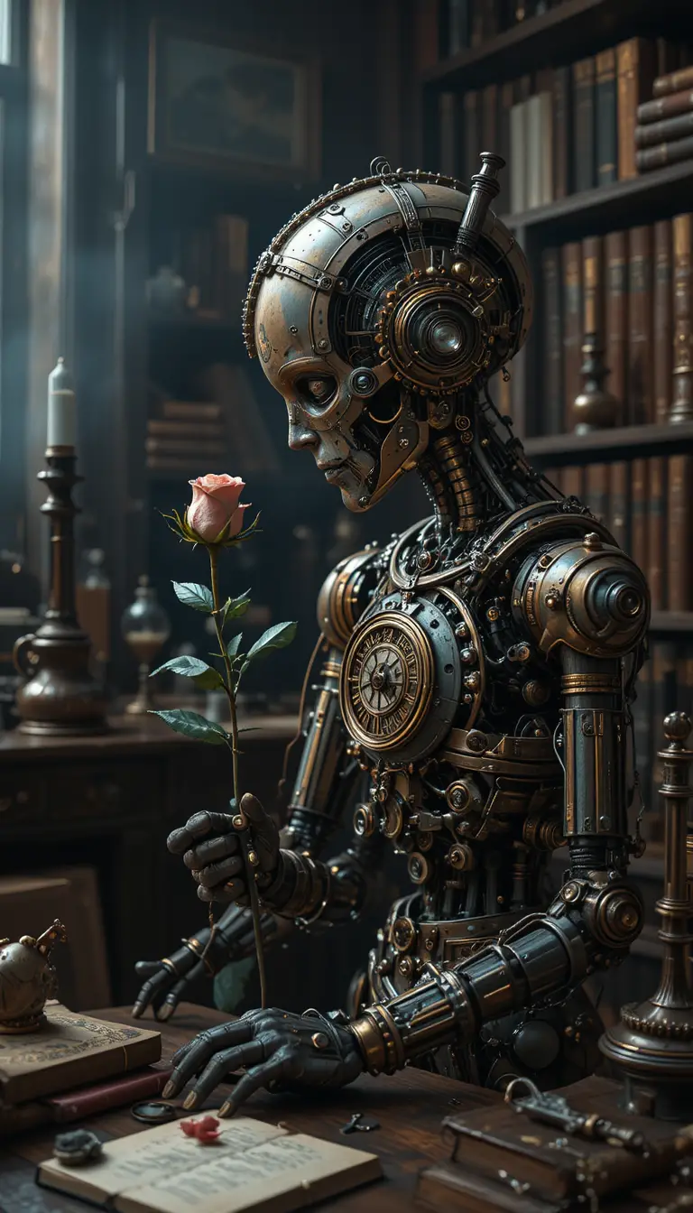 Autómata steampunk que contempla una rosa marchita en el estudio