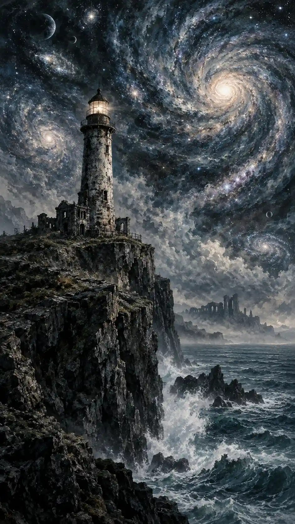Ancient lighthouse above stormy sea under swirling galaxies