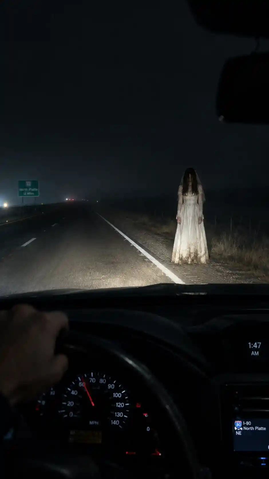 Aterradora mujer con vestido de novia en una autopista desierta de Nebraska