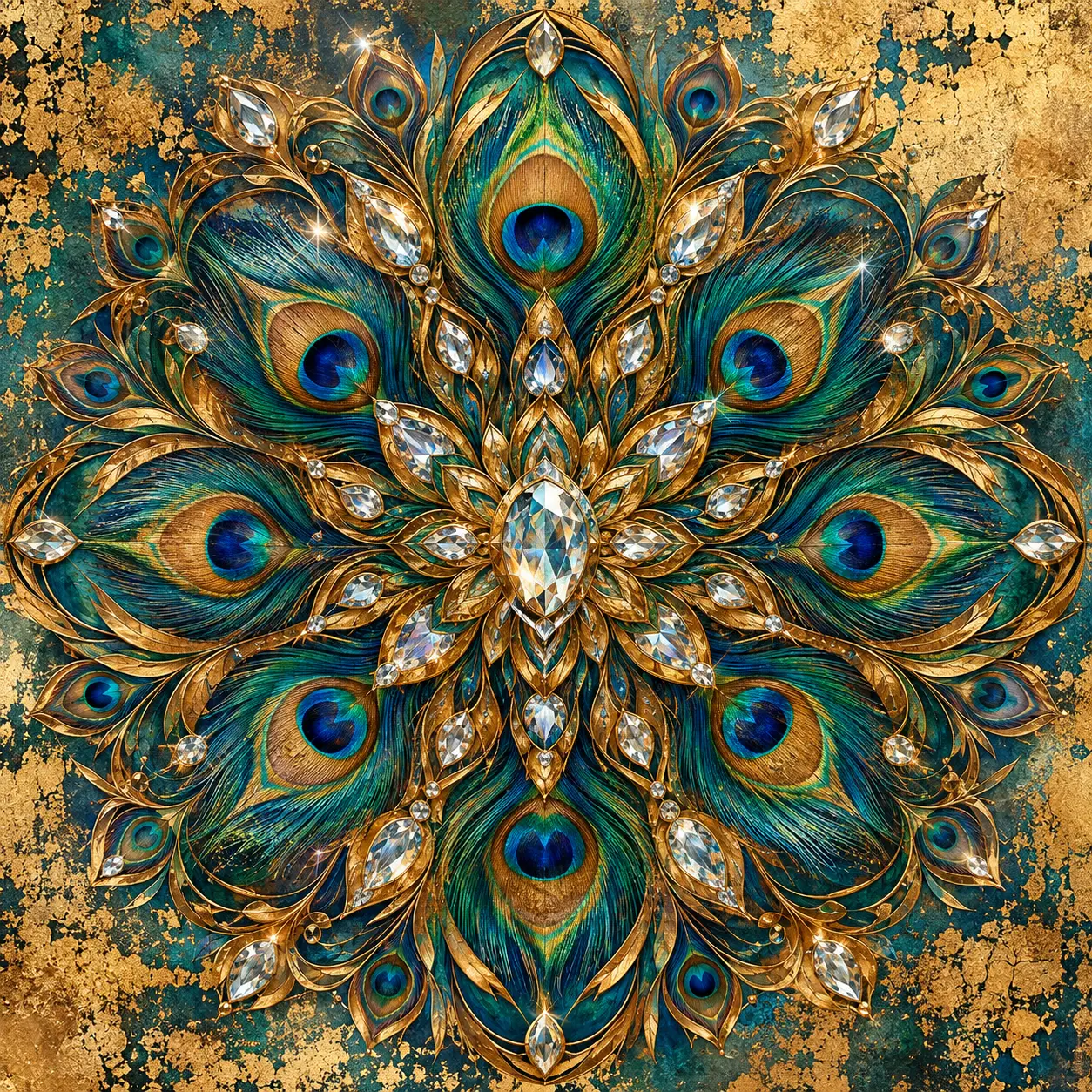 Mandala doré de plumes de paon avec des cristaux de verre étincelants