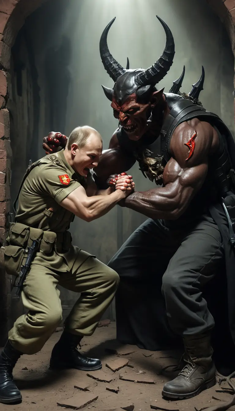 Soldado ruso haciendo pulseada con el diablo en marcado contraste