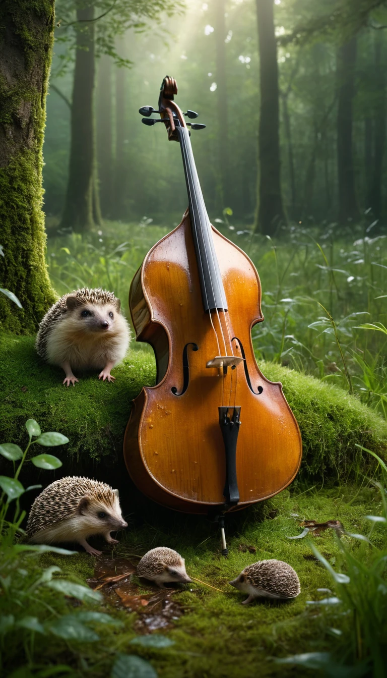 Hedgehog Studying A Double Bass In A Rainy Forest Clearing
