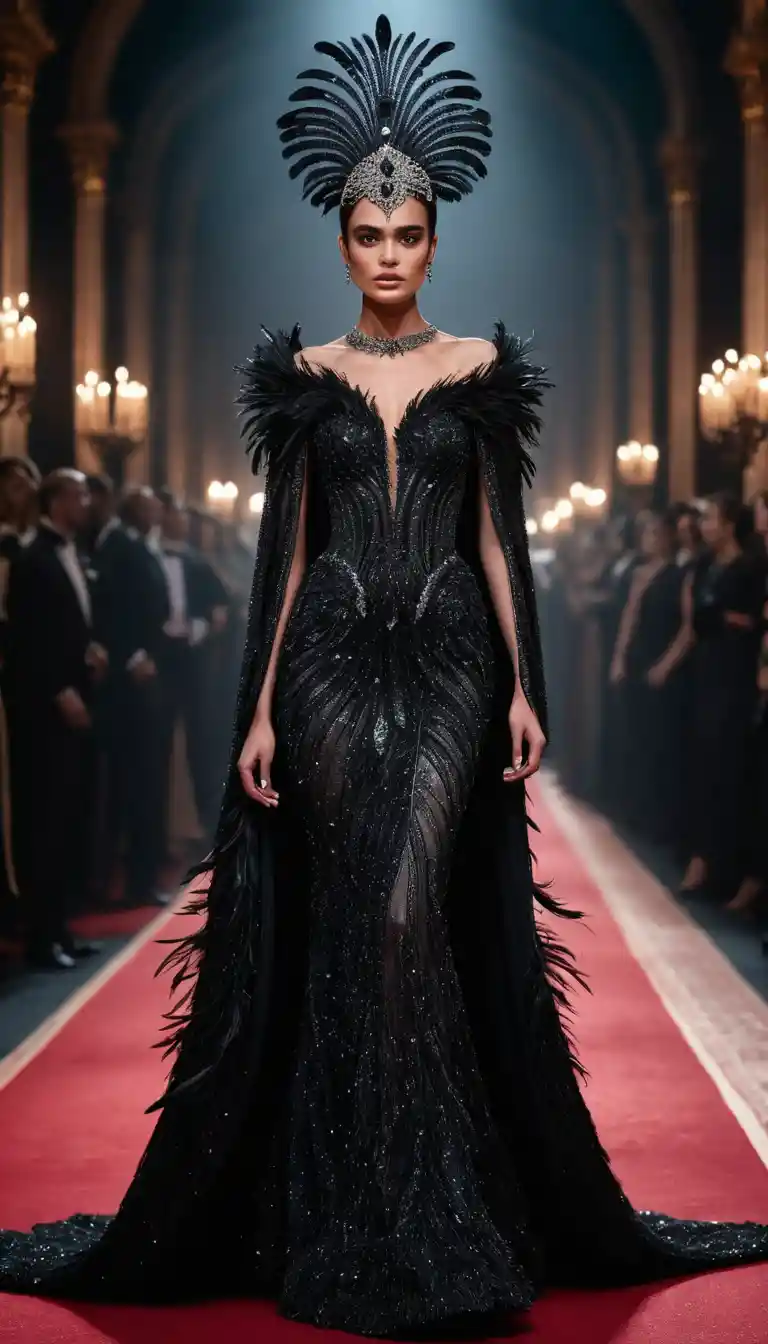 Mujer elegante con vestido de encaje negro en la alfombra roja