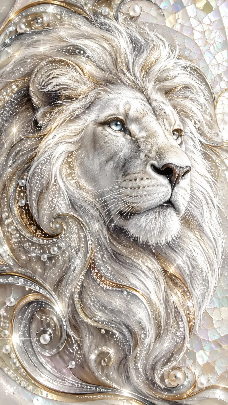 Fantasie-weißes Löwengesicht in metallischer Airbrush-Illustration