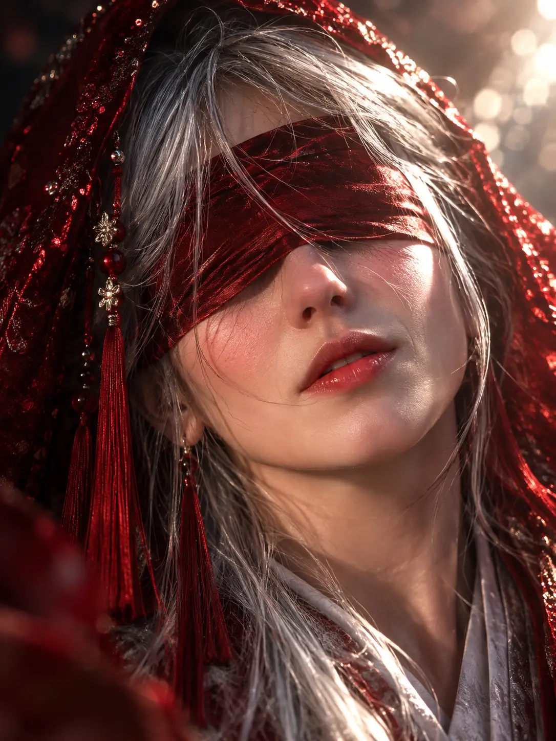 Portrait mystique aux yeux bandés, soie rouge et cheveux argentés