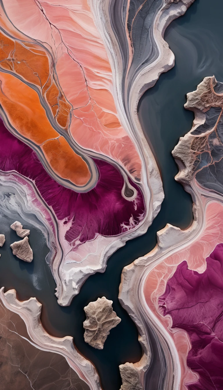 Aerial view of surreal pink salt lake coastline