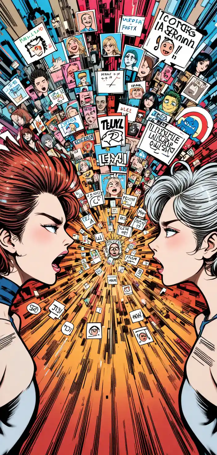 Manga-Triptychon mit zwei Mädchen in einem chaotischen Meme-Battle