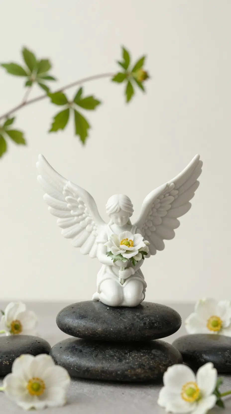 Escultura de hada de porcelana con flores sobre piedras oscuras de río