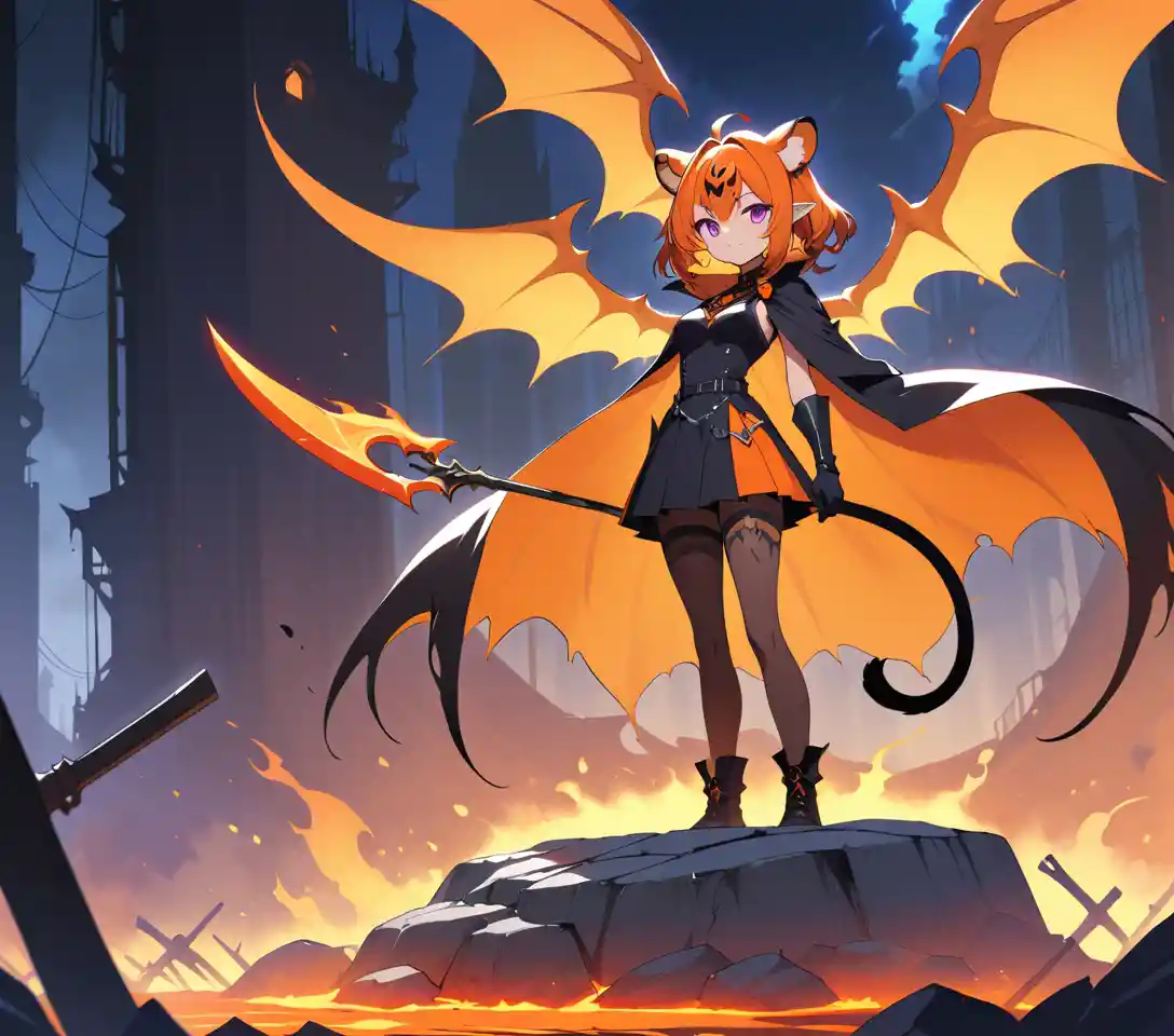 Chica demonio de anime tigresa en un infierno industrial en llamas