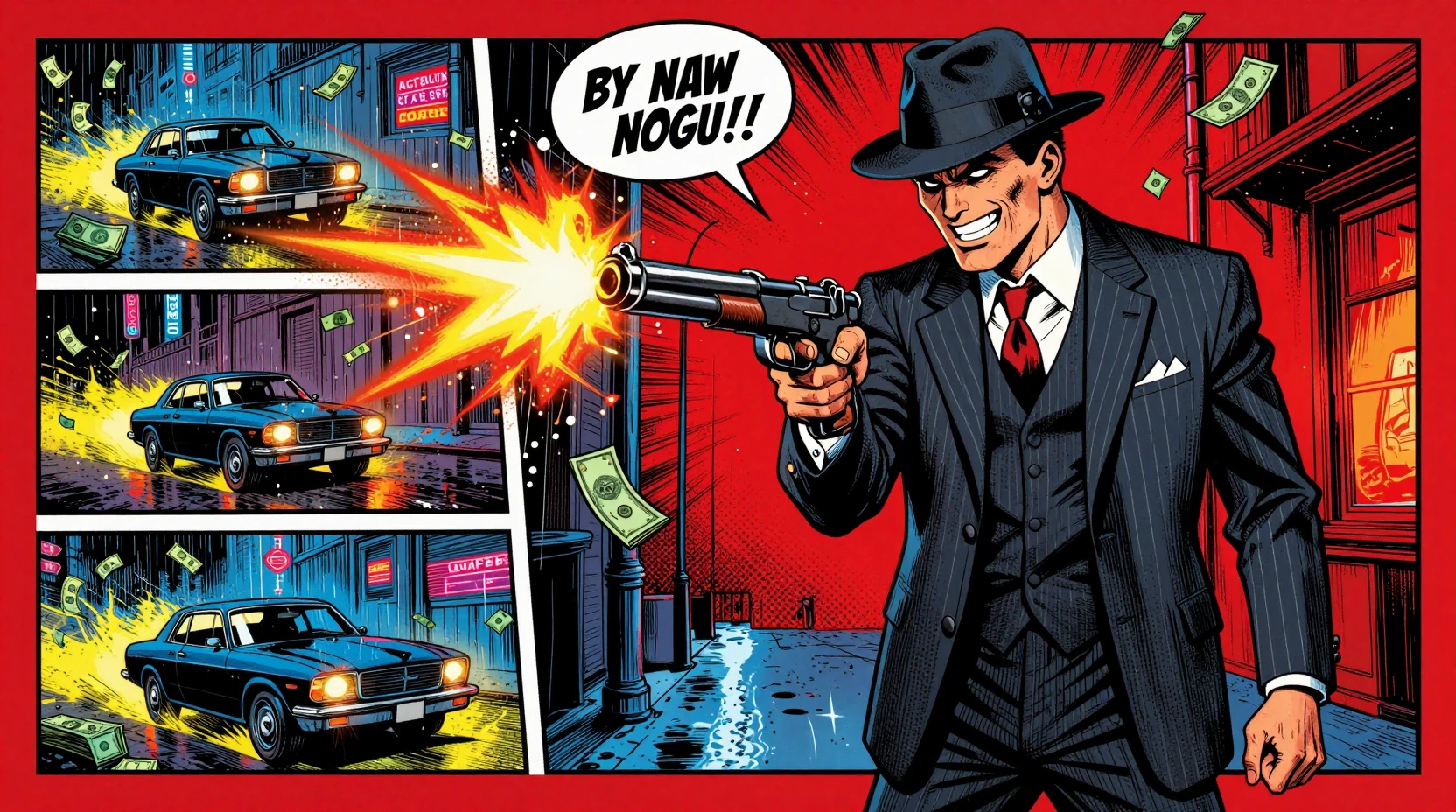 Gangster firing tommy gun in rainy comic book alley