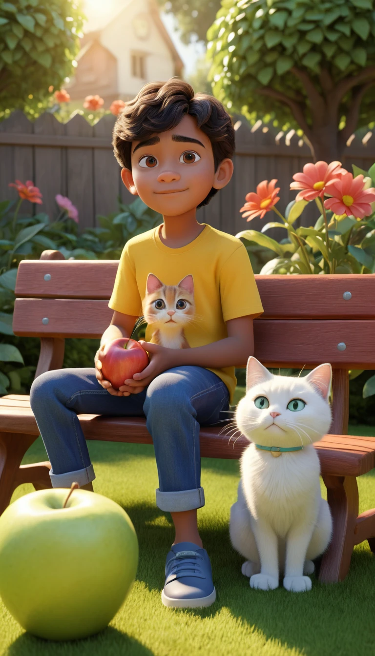 Young boy and white cat in sunny garden scene