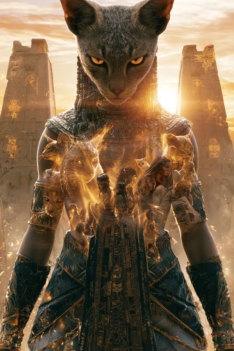 Diosa gato egipcia protectora frente a un templo resplandeciente