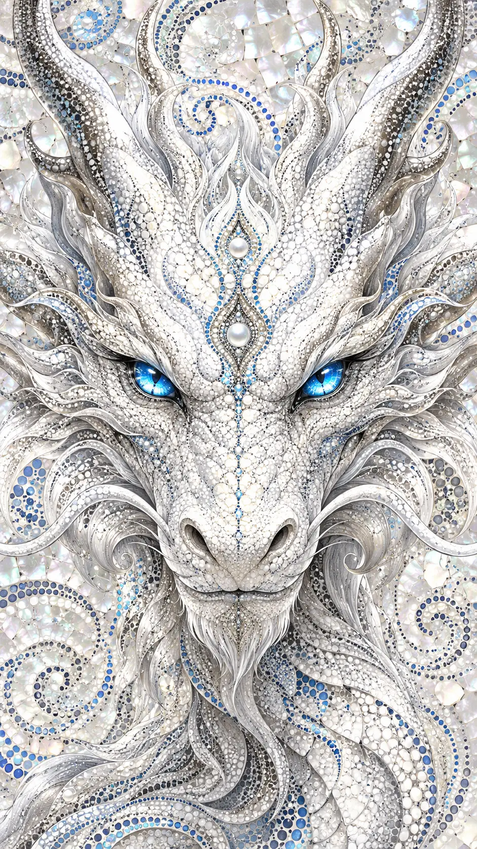Majestic White Dragon Head With Shining Blue Eyes In Front View