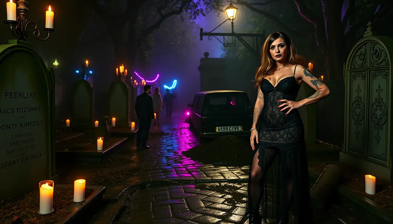 Gothic rave dancers celebrating in a New Orleans cemetery