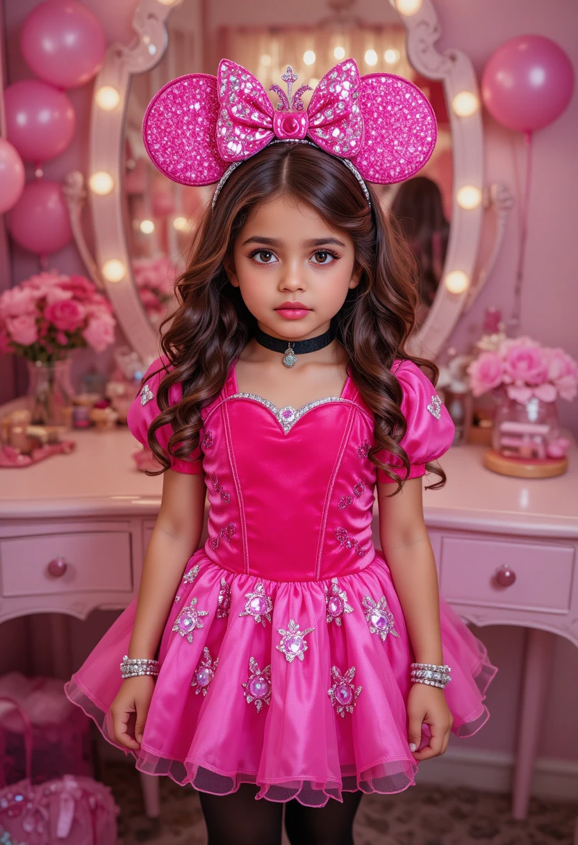 Menino pré-adolescente com fantasia de princesa Minnie em penteadeira rosa