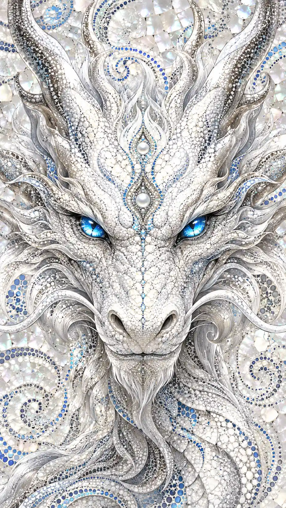 Majestic White Dragon Head With Shining Blue Eyes In Front View