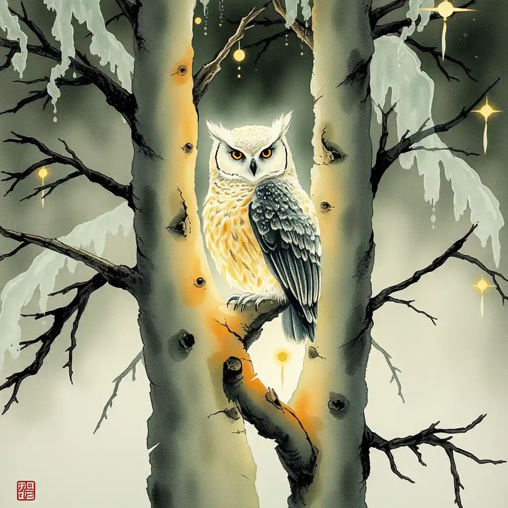 Búho luminoso en un árbol helado en pintura a tinta