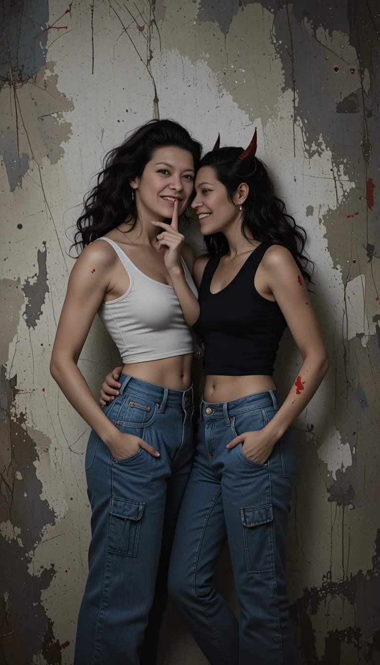 Latina woman in crop top posing in a silent gesture