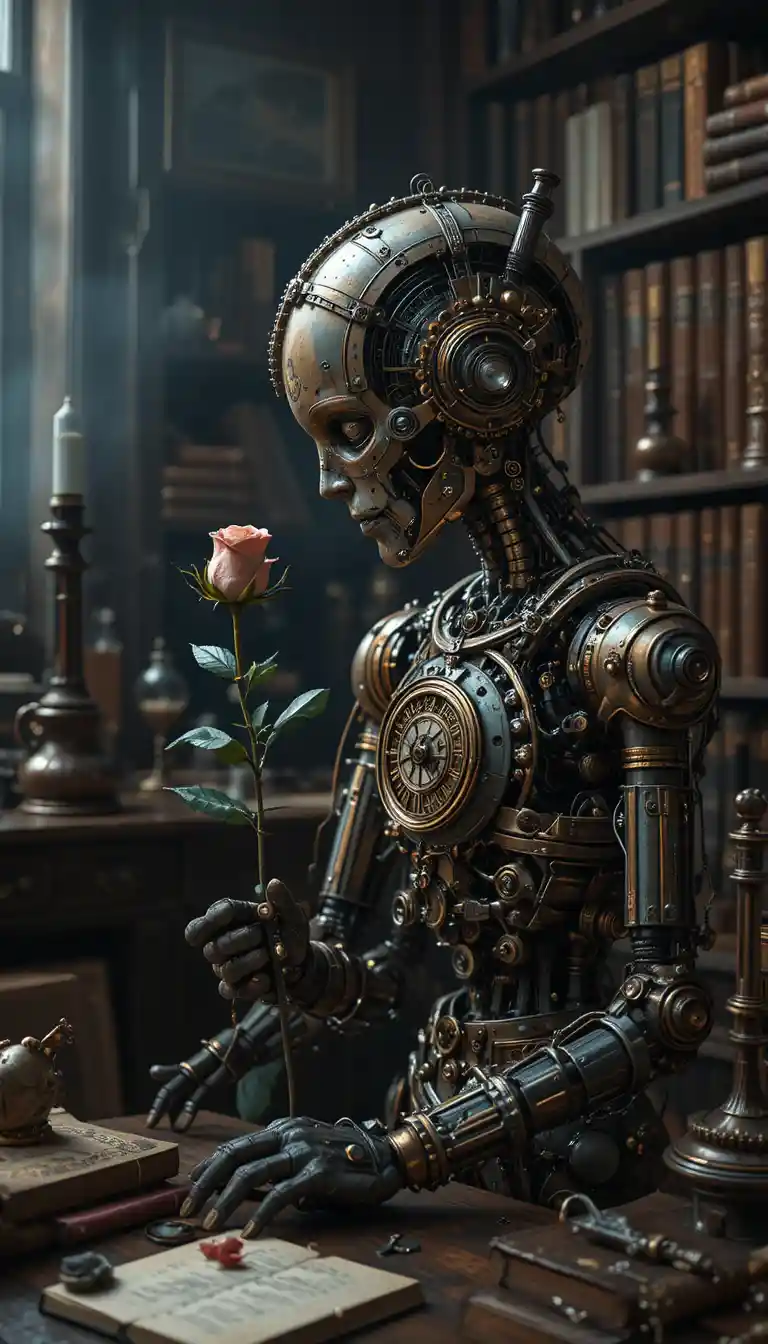 Autómata steampunk que contempla una rosa marchita en el estudio