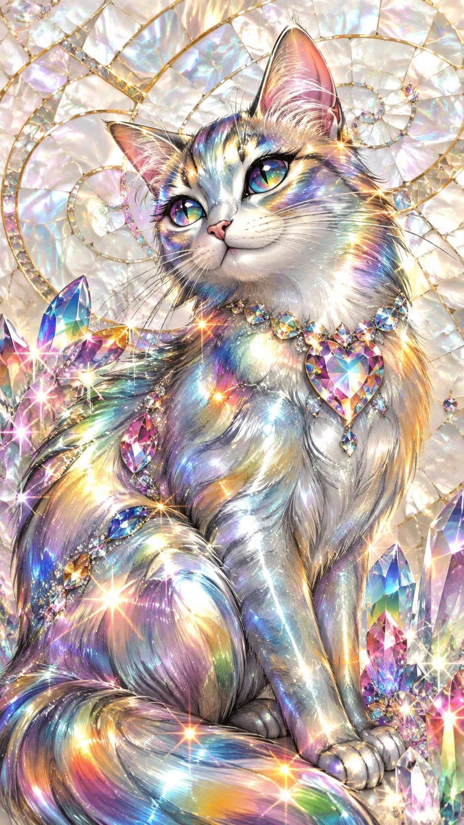 Chat fantastique en cristal avec éclat métallique et fond en mosaïque