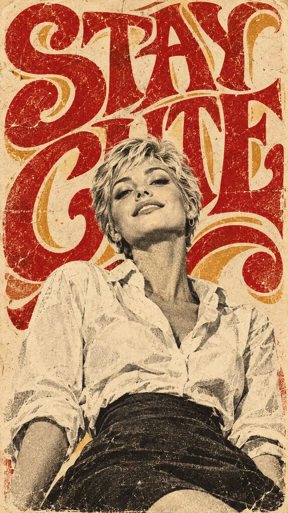 Blonde pixie cut girl smiling in graphic poster portrait