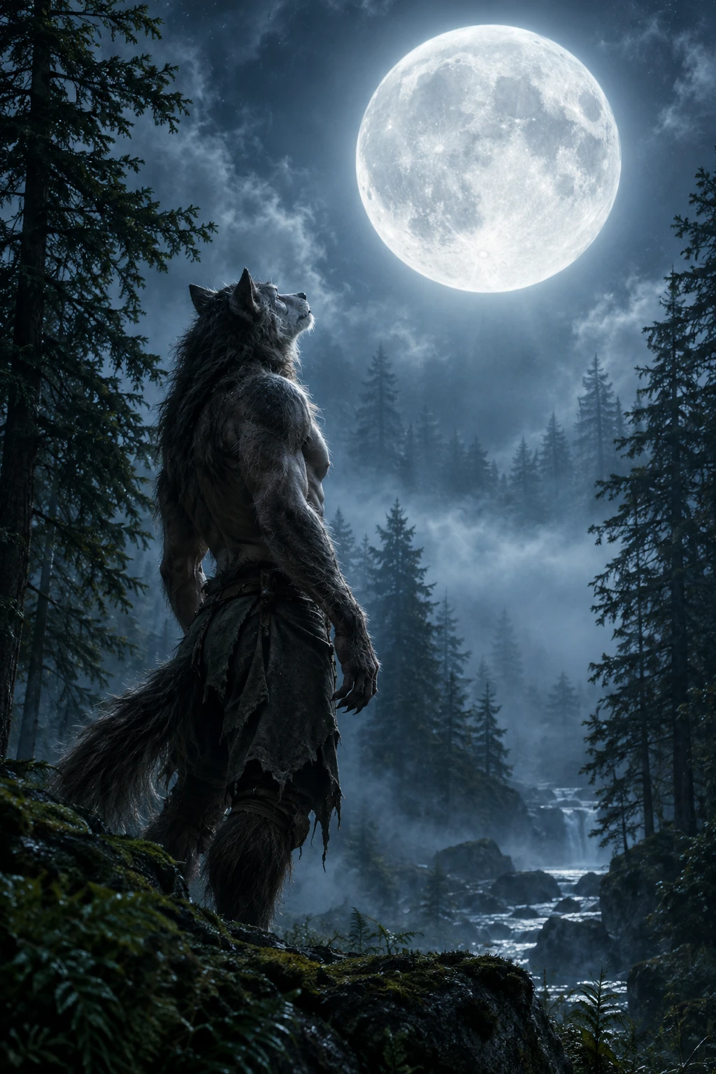Criatura mitad lobo bajo una luna llena resplandeciente