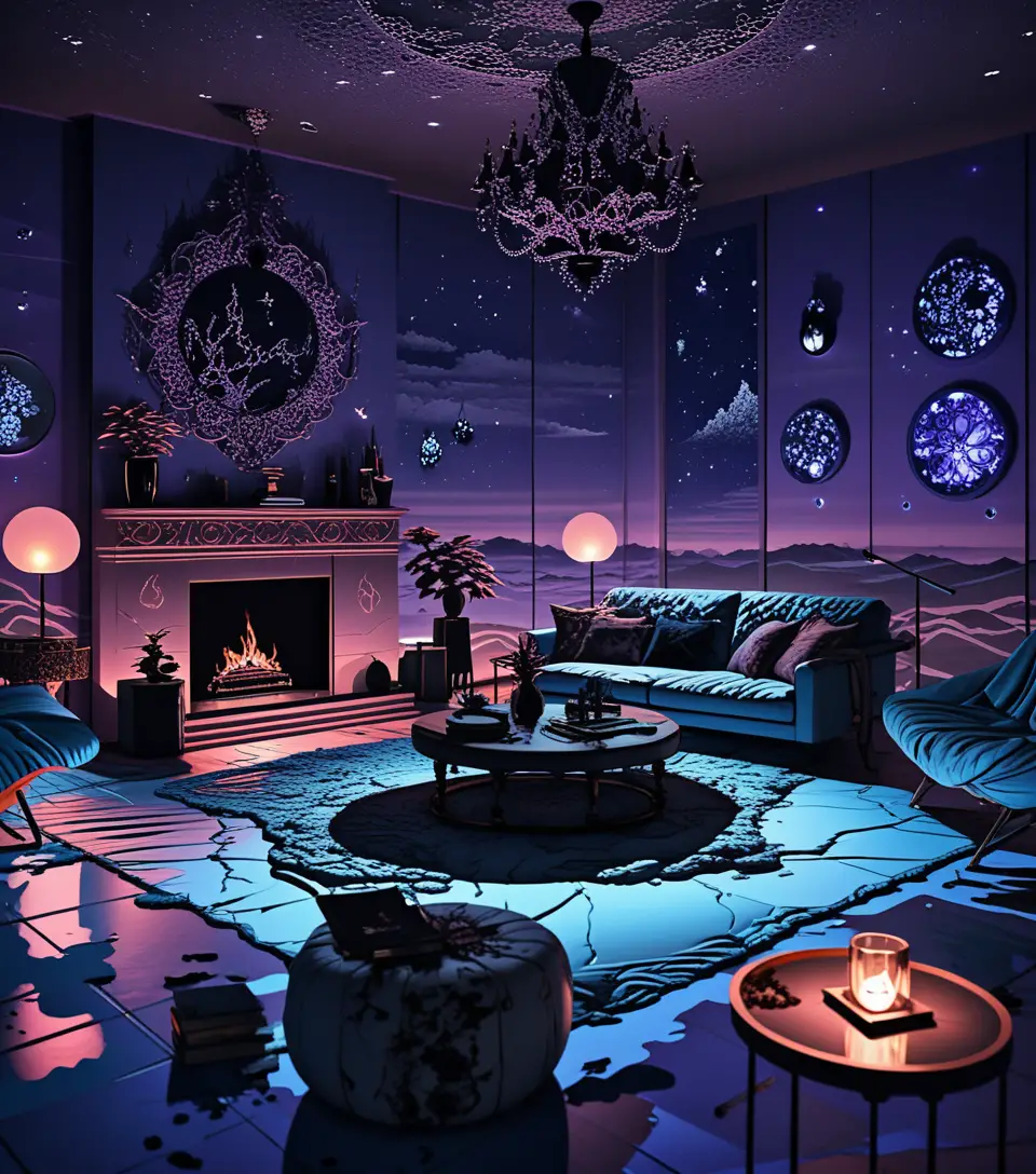 Moody 3D interior room with eclectic witchy home decor