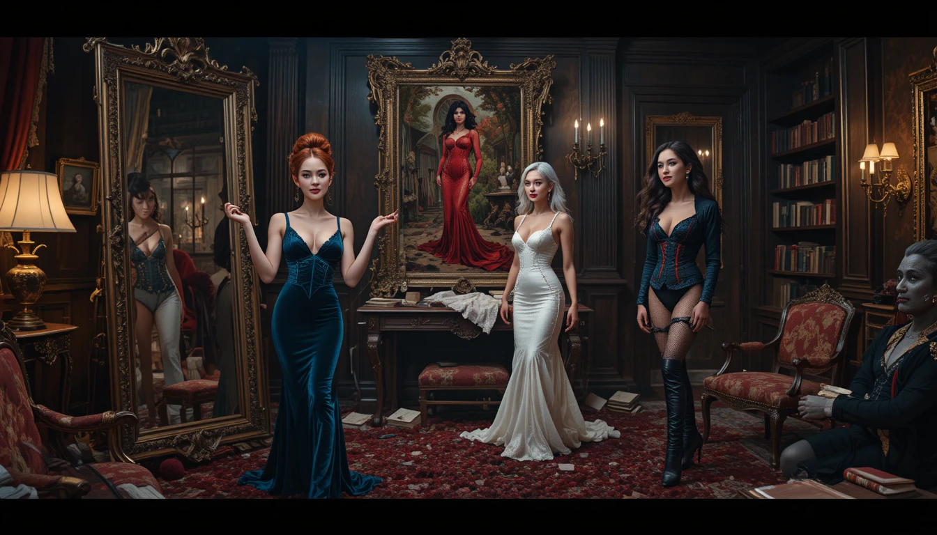 Três mulheres em uma cena de boudoir surreal e opulenta