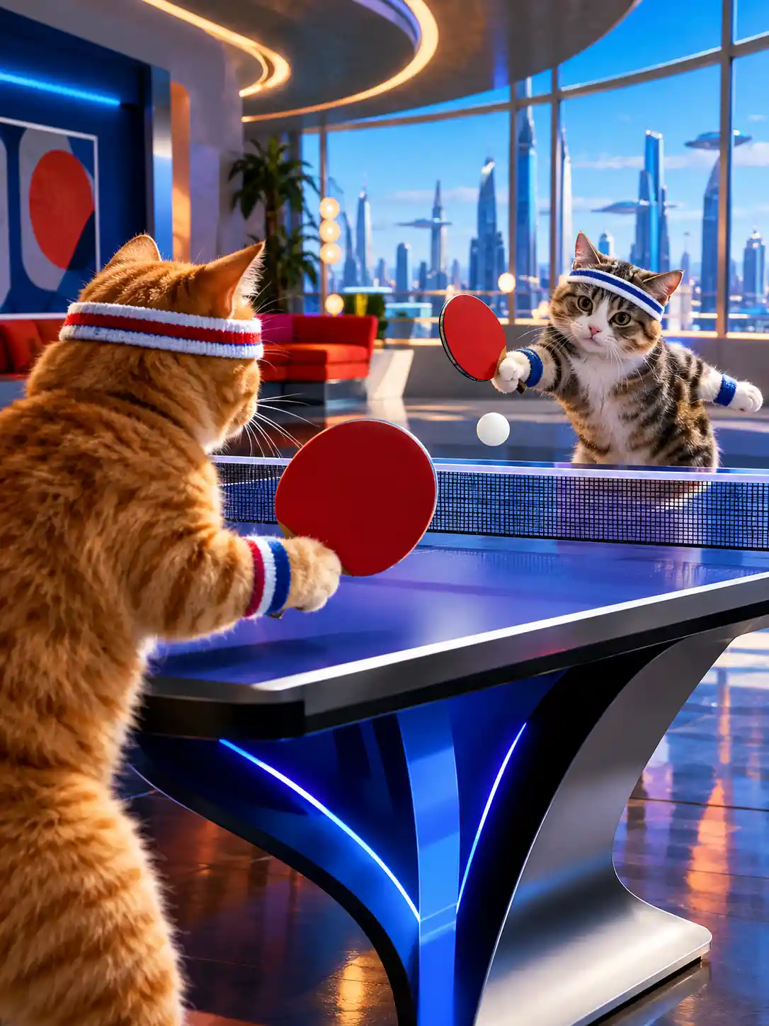 Two playful cats competing in a futuristic ping pong hall