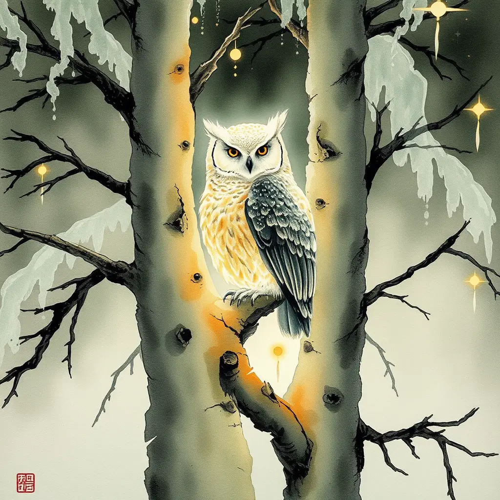 Búho luminoso en un árbol helado en pintura a tinta