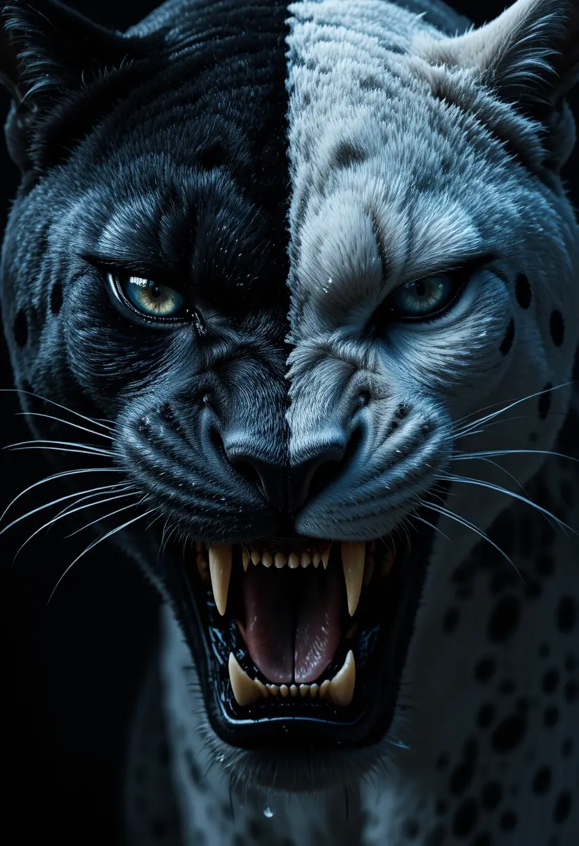 Gros plan cinématographique d’une tête mi-panthere mi-puma des neiges