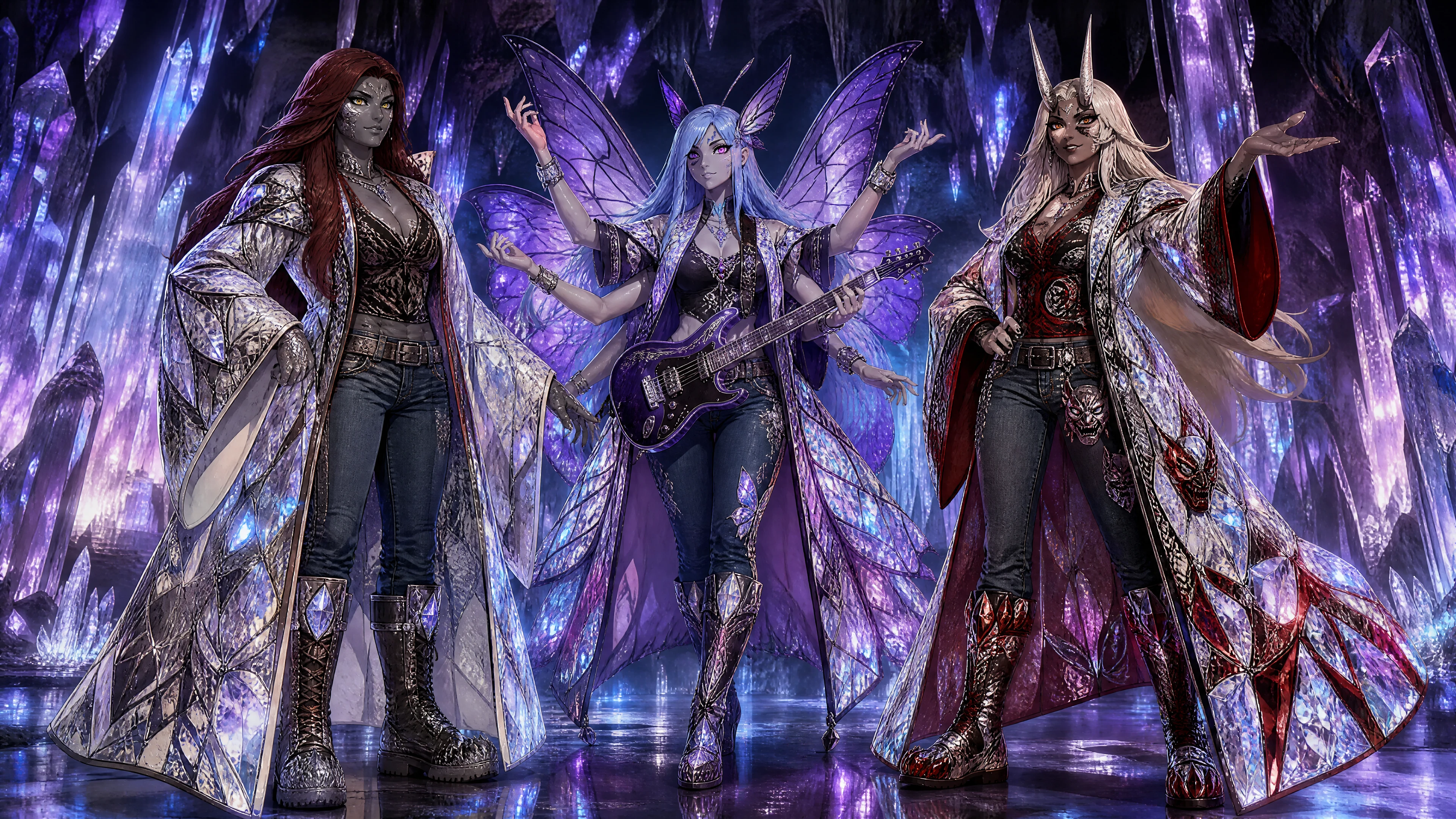 Fantasy trio trying new crystal robes in a cavern