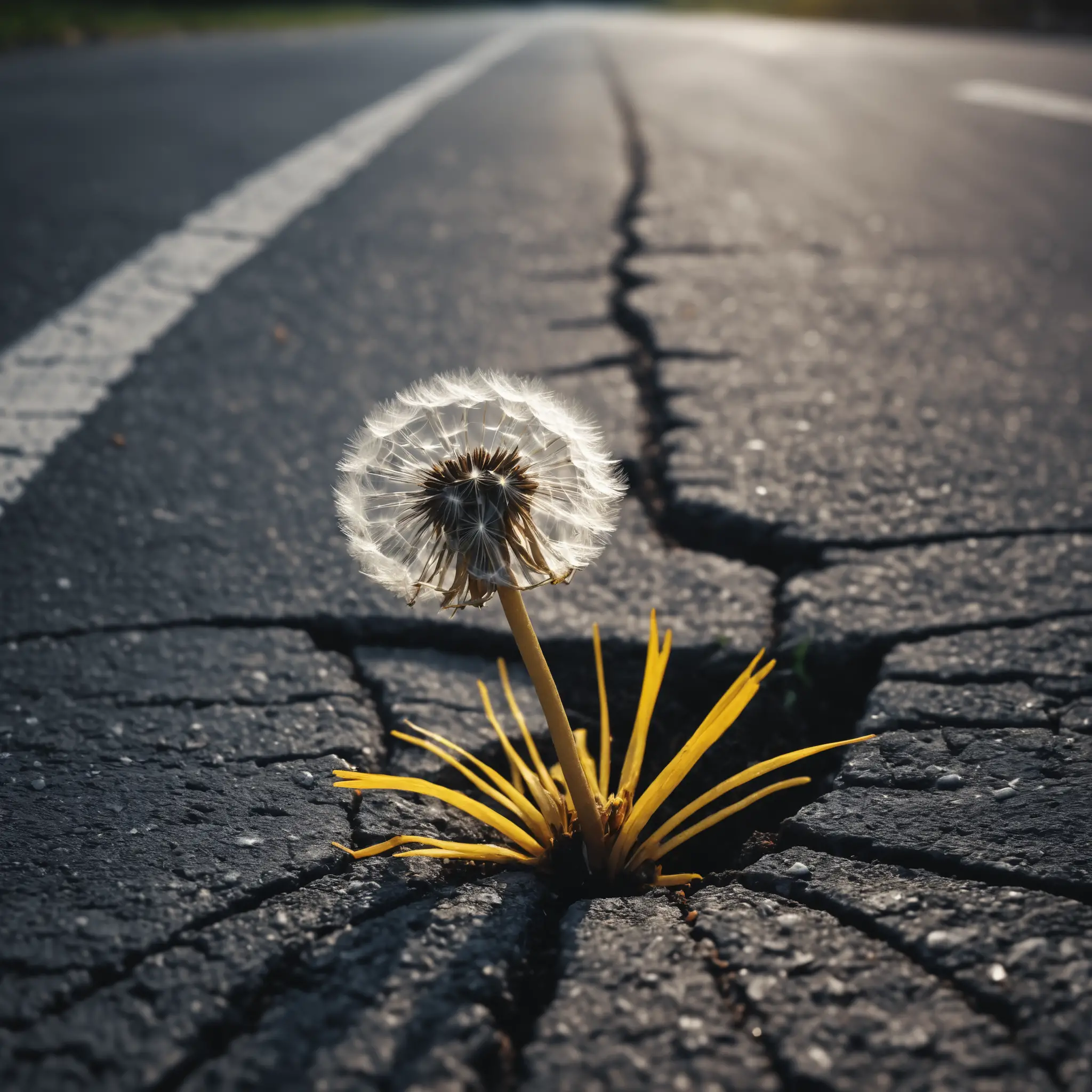 Dandelion Growing From Asphalt Crack In Conceptual Scene
