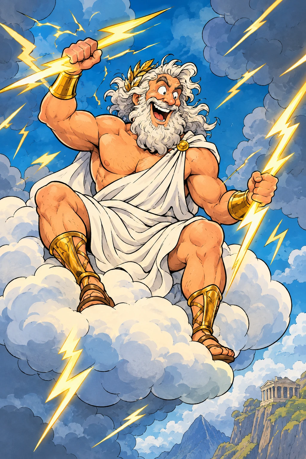 Comic-Illustration eines verspielten Mannes mit fliegenden Blitzen