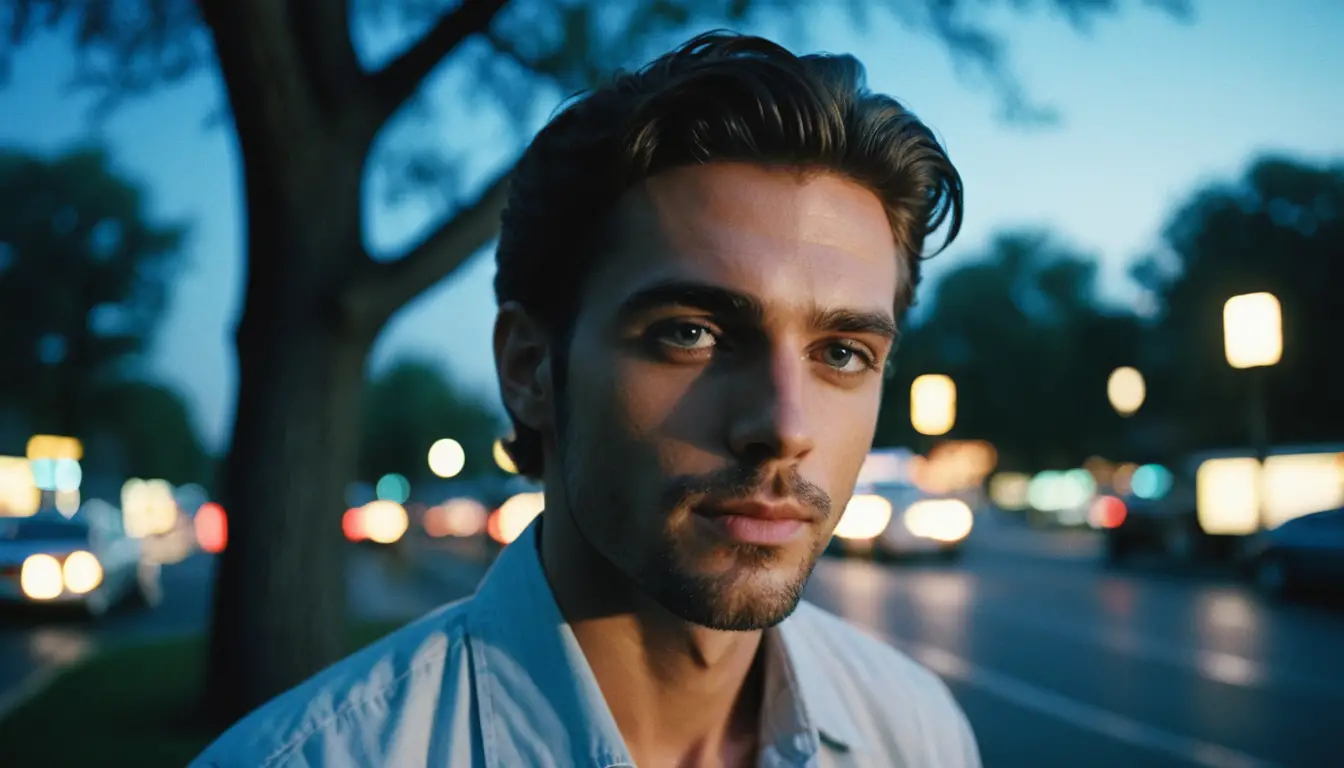 Handsome man portrait on film with blue hour bokeh