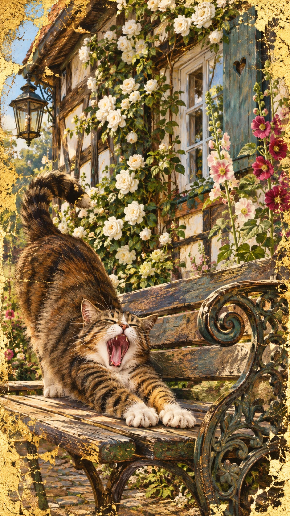 Chat qui s’étire sur un banc devant une ancienne maison à colombages