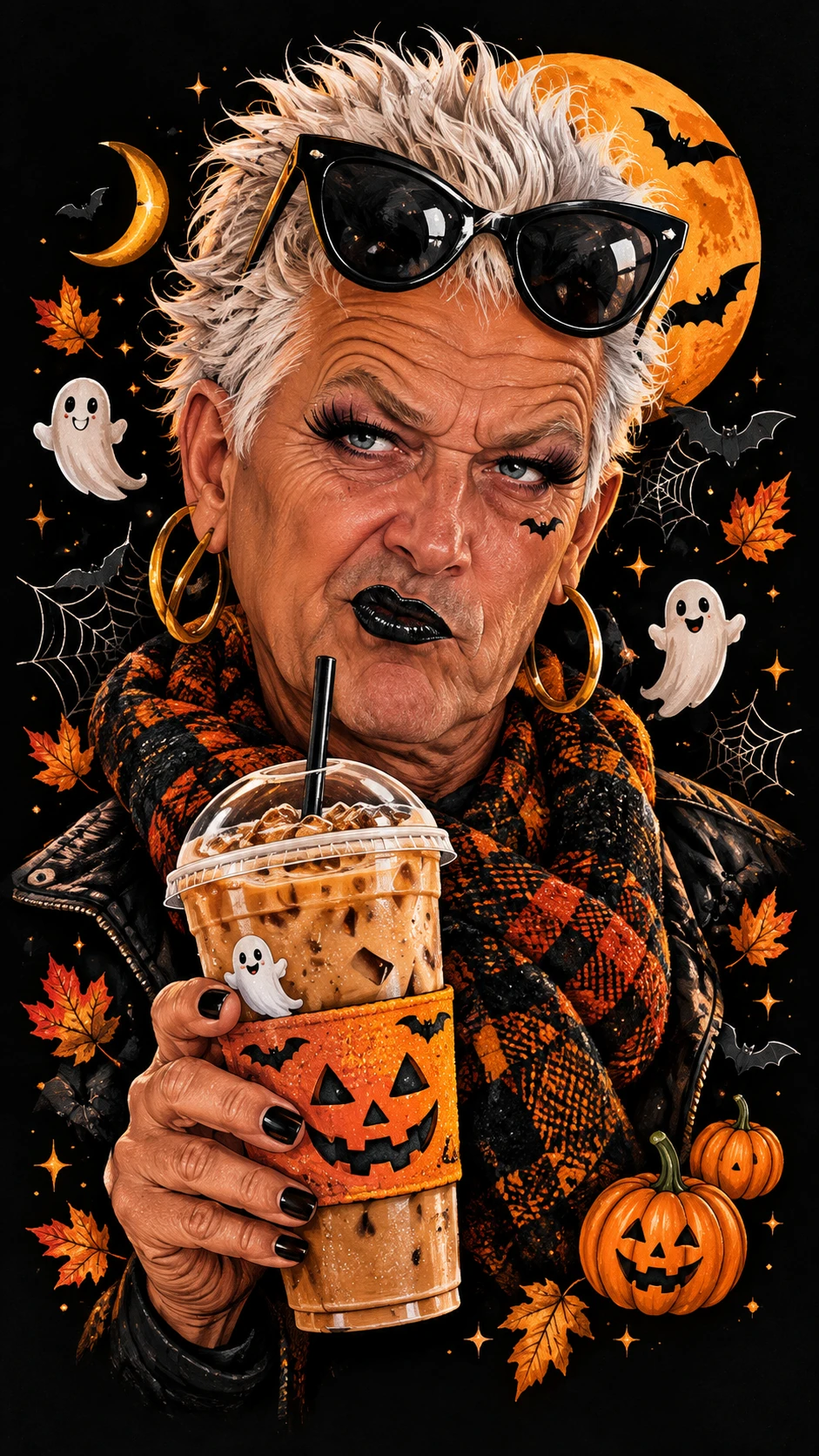 Amante del café sarcástica de Halloween con latte helado – ilustración