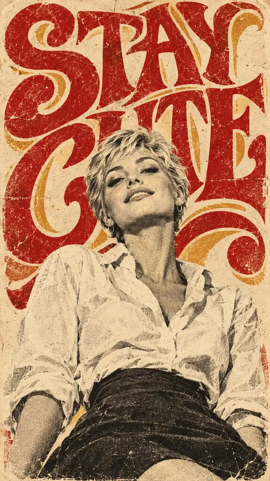 Blonde pixie cut girl smiling in graphic poster portrait