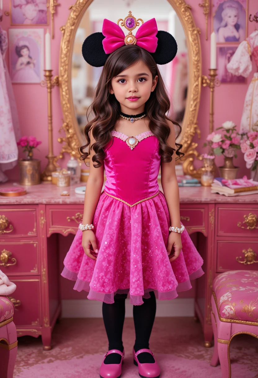 Nervous tween boy in pink princess costume at vanity
