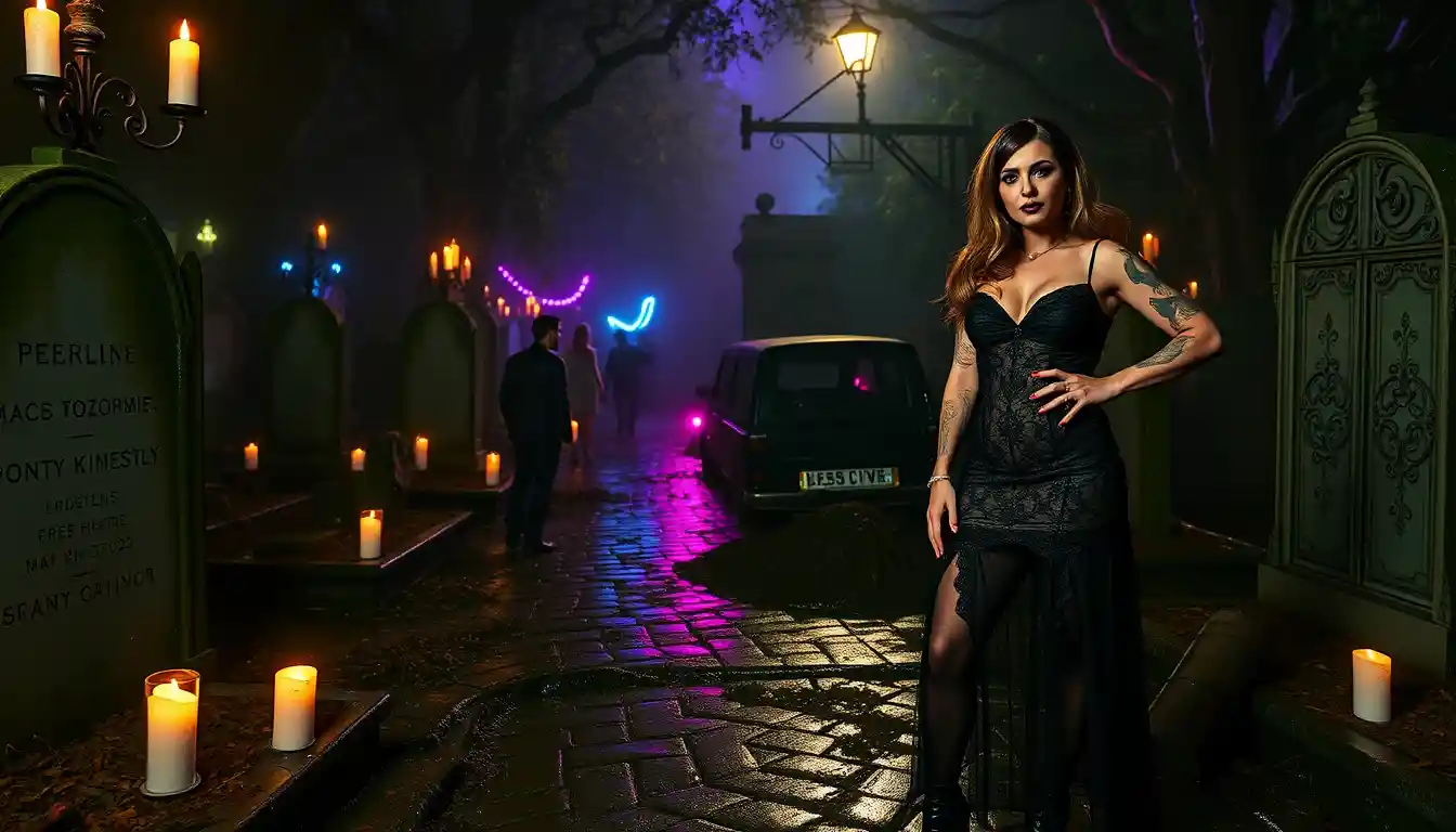 Gothic rave dancers celebrating in a New Orleans cemetery