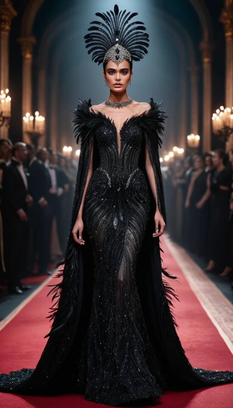 Mujer elegante con vestido de encaje negro en la alfombra roja