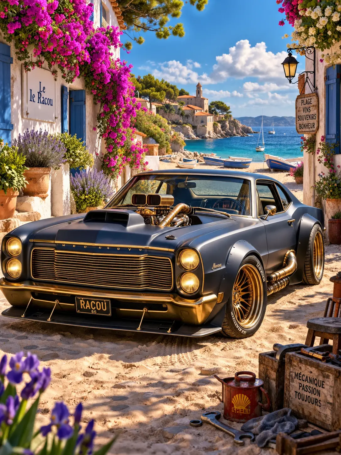 Coche retro en una soleada calle de un pueblo mediterráneo