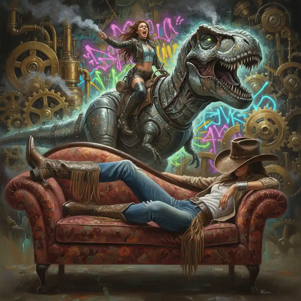 Cowgirl Resting On Chaise Lounge In Oil Painting Style