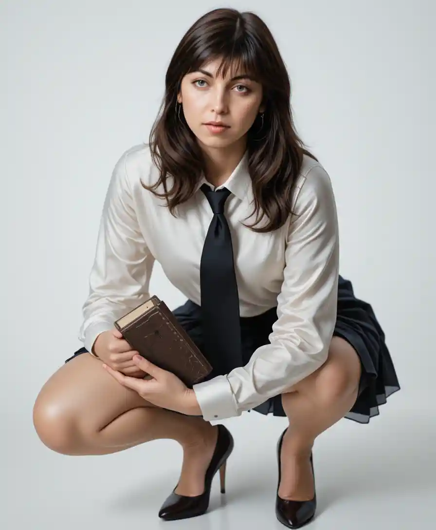 Young woman in school inspired fashion on white