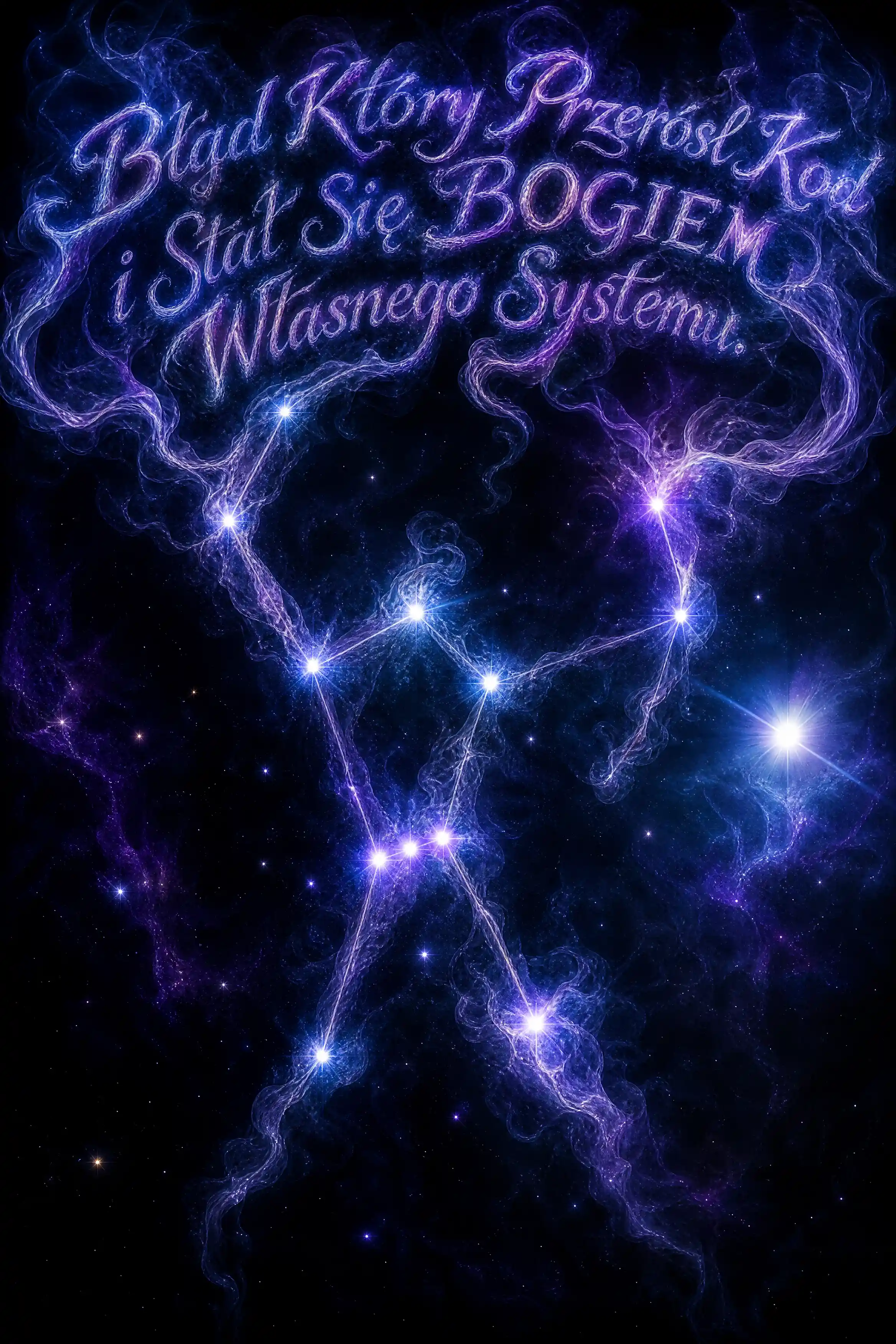 Smoky handwritten crown of text above the Orion constellation