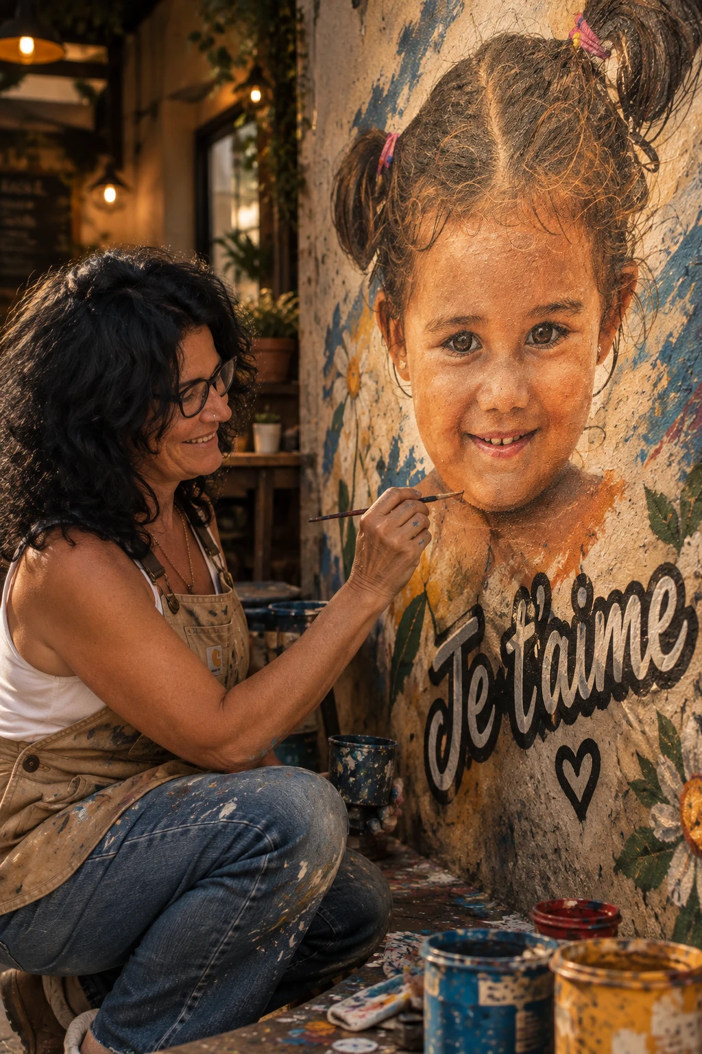 Woman painting a mural in a warm artistic cafe